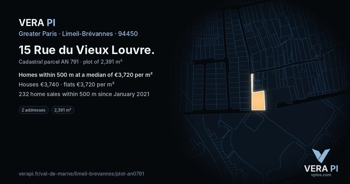 15 Rue du Vieux Louvre, Limeil-Brévannes at night – the plot lit, the parcels around coloured by the prices near them