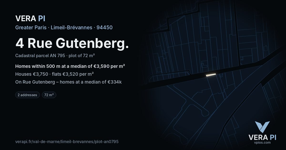 4 Rue Gutenberg, Limeil-Brévannes at night – the plot lit, the parcels around coloured by the prices near them
