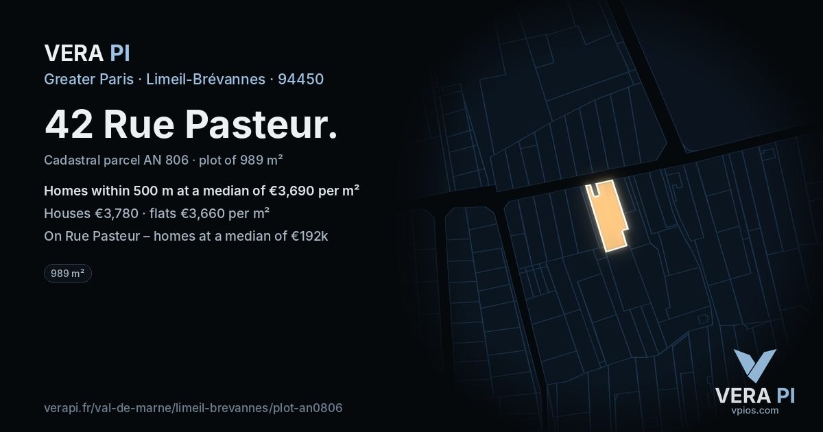 42 Rue Pasteur, Limeil-Brévannes at night – the plot lit, the parcels around coloured by the prices near them