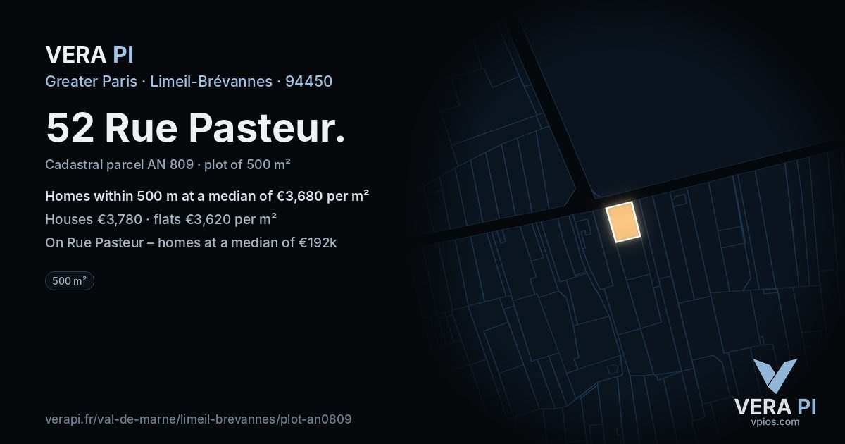 52 Rue Pasteur, Limeil-Brévannes at night – the plot lit, the parcels around coloured by the prices near them