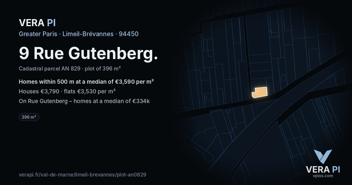 9 Rue Gutenberg, Limeil-Brévannes at night – the plot lit, the parcels around coloured by the prices near them