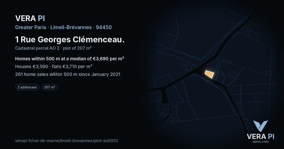 1 Rue Georges Clémenceau, Limeil-Brévannes at night – the plot lit, the parcels around coloured by the prices near them