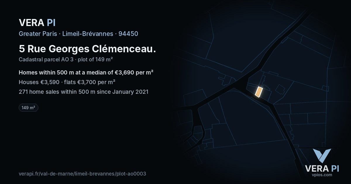 5 Rue Georges Clémenceau, Limeil-Brévannes at night – the plot lit, the parcels around coloured by the prices near them