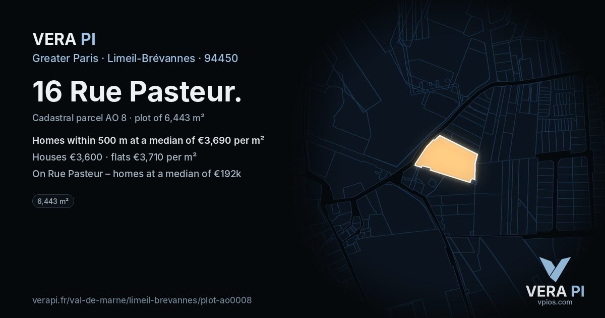 16 Rue Pasteur, Limeil-Brévannes at night – the plot lit, the parcels around coloured by the prices near them