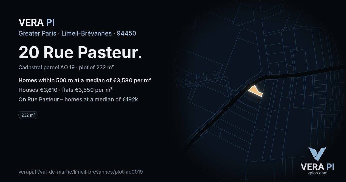 20 Rue Pasteur, Limeil-Brévannes at night – the plot lit, the parcels around coloured by the prices near them