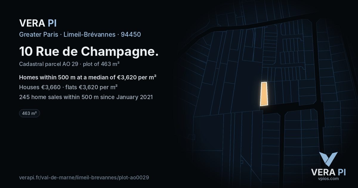 10 Rue de Champagne, Limeil-Brévannes at night – the plot lit, the parcels around coloured by the prices near them