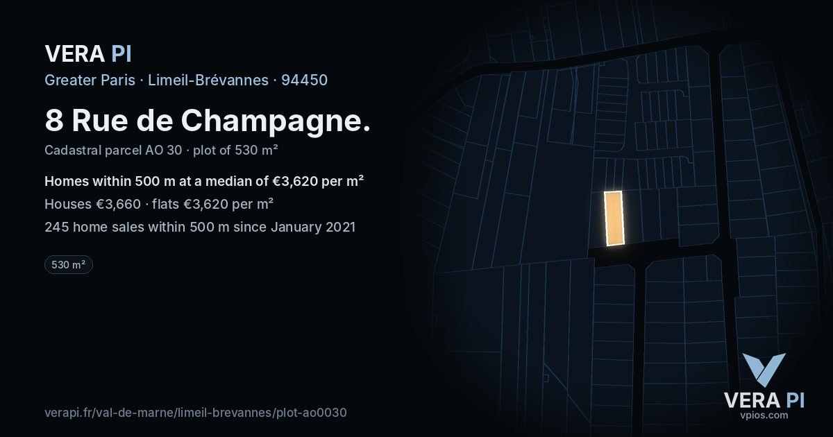 8 Rue de Champagne, Limeil-Brévannes at night – the plot lit, the parcels around coloured by the prices near them