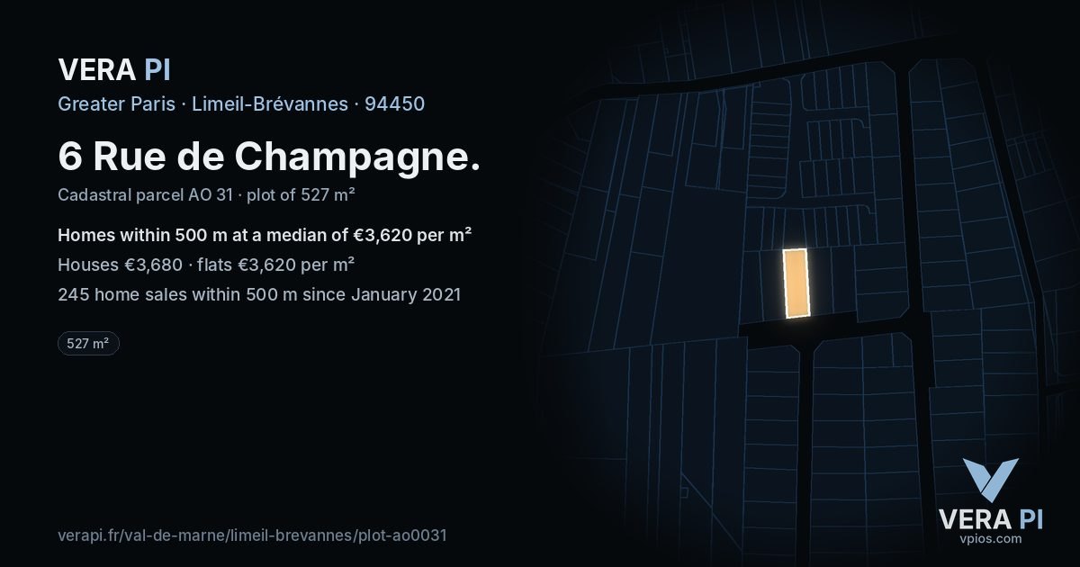 6 Rue de Champagne, Limeil-Brévannes at night – the plot lit, the parcels around coloured by the prices near them