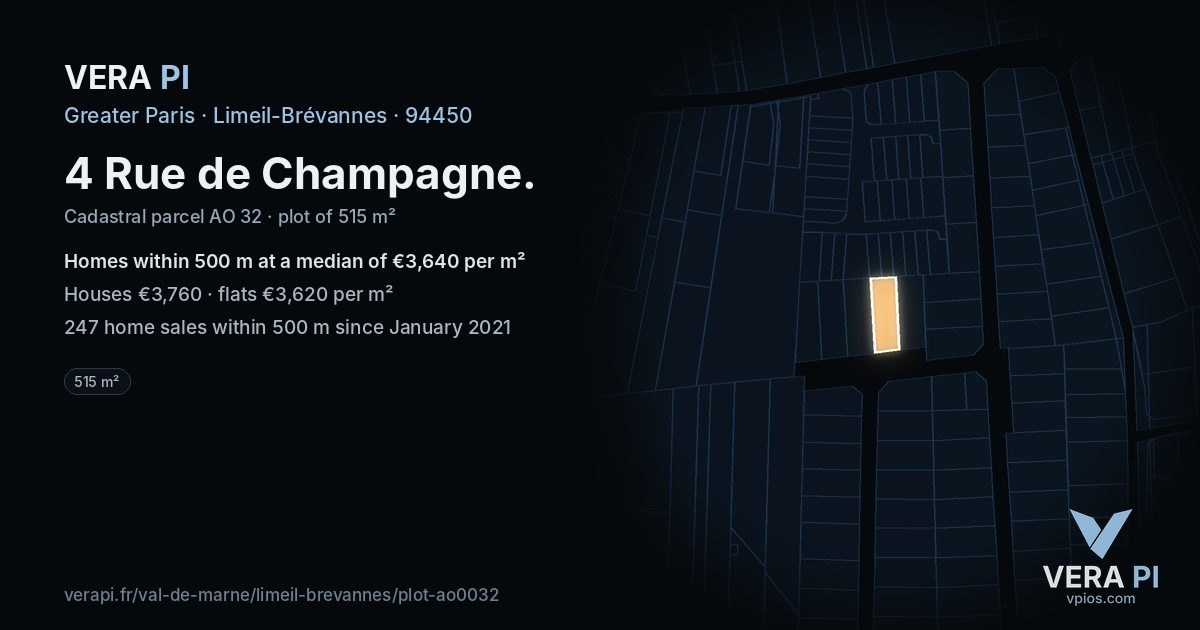 4 Rue de Champagne, Limeil-Brévannes at night – the plot lit, the parcels around coloured by the prices near them