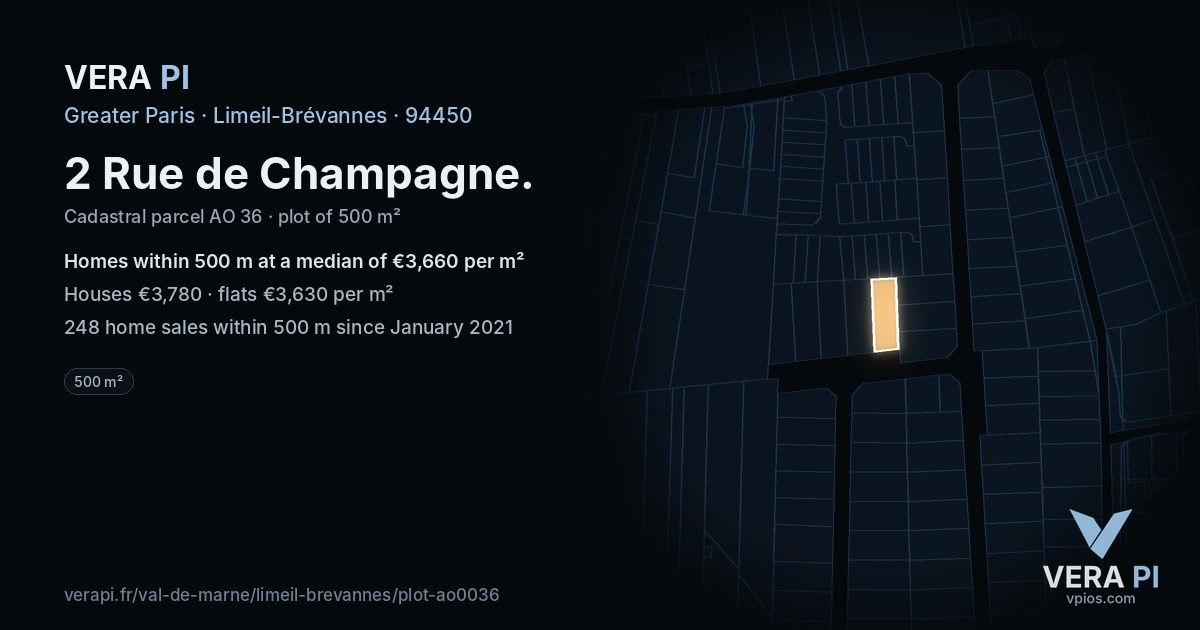 2 Rue de Champagne, Limeil-Brévannes at night – the plot lit, the parcels around coloured by the prices near them