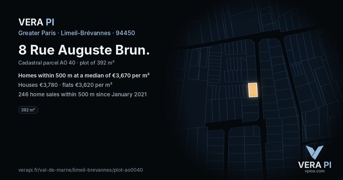 8 Rue Auguste Brun, Limeil-Brévannes at night – the plot lit, the parcels around coloured by the prices near them