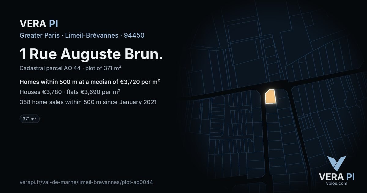 1 Rue Auguste Brun, Limeil-Brévannes at night – the plot lit, the parcels around coloured by the prices near them