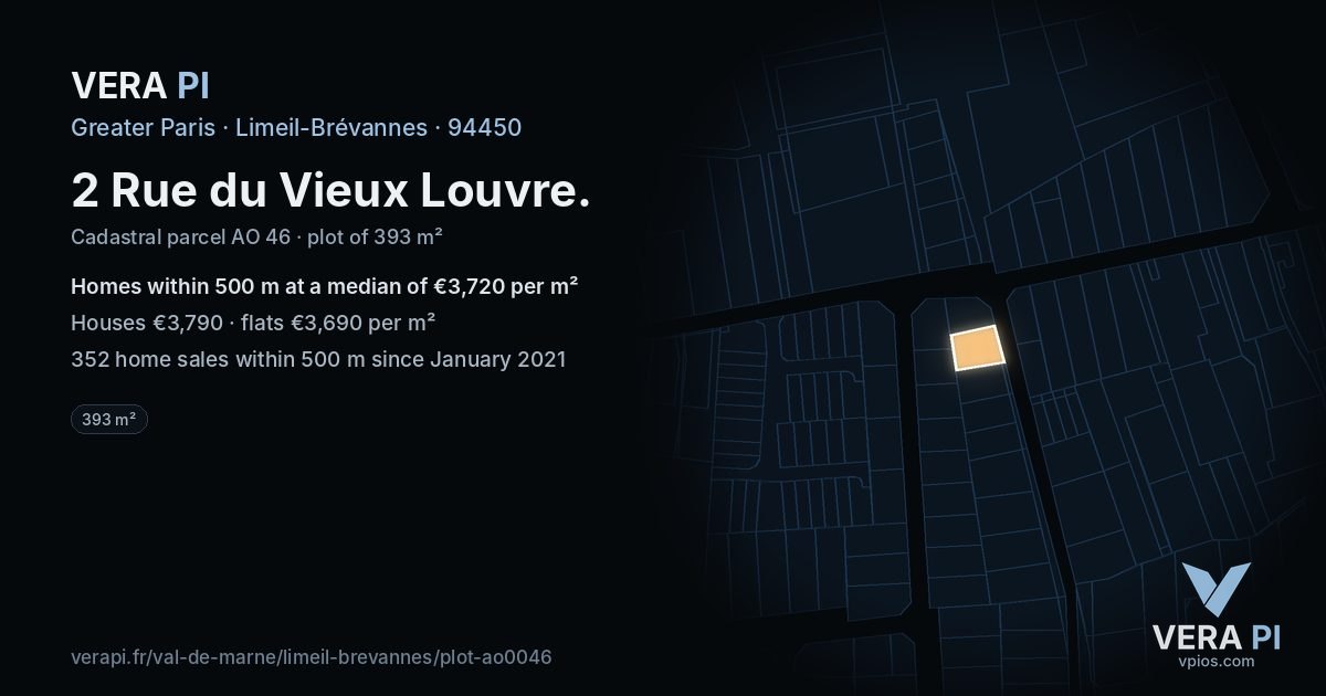 2 Rue du Vieux Louvre, Limeil-Brévannes at night – the plot lit, the parcels around coloured by the prices near them