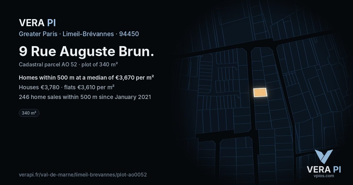 9 Rue Auguste Brun, Limeil-Brévannes at night – the plot lit, the parcels around coloured by the prices near them