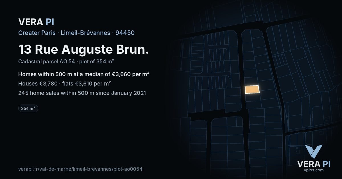 13 Rue Auguste Brun, Limeil-Brévannes at night – the plot lit, the parcels around coloured by the prices near them