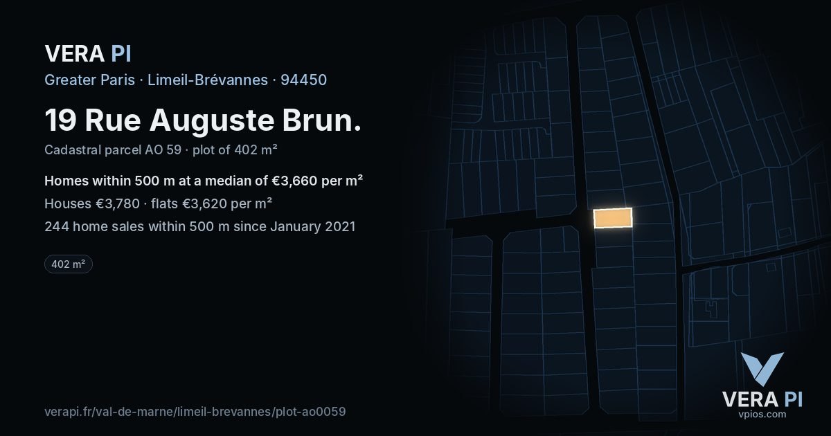 19 Rue Auguste Brun, Limeil-Brévannes at night – the plot lit, the parcels around coloured by the prices near them