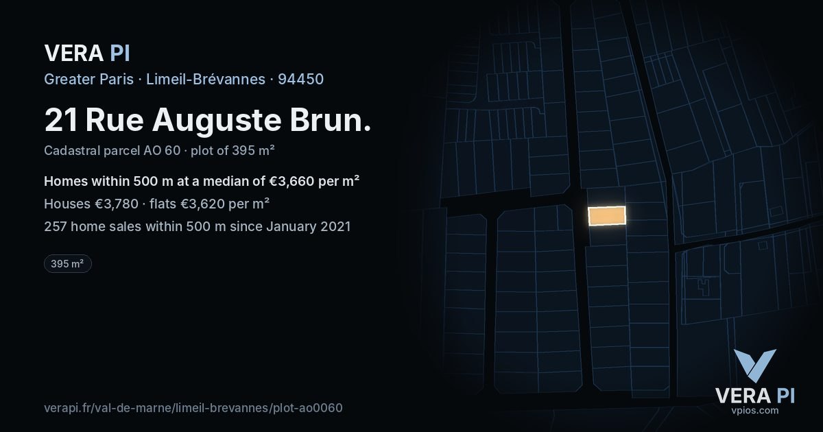21 Rue Auguste Brun, Limeil-Brévannes at night – the plot lit, the parcels around coloured by the prices near them