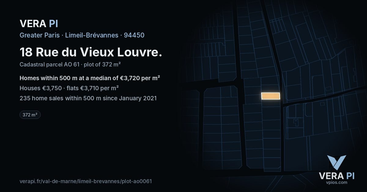 18 Rue du Vieux Louvre, Limeil-Brévannes at night – the plot lit, the parcels around coloured by the prices near them