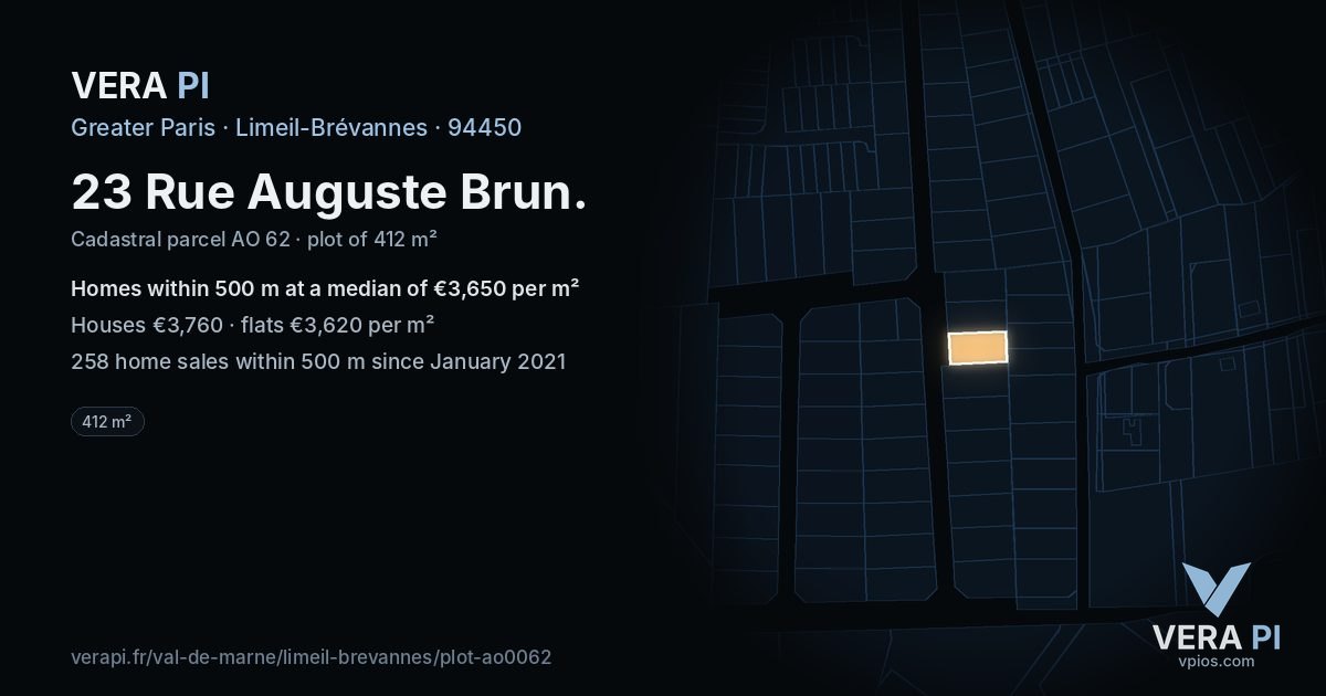 23 Rue Auguste Brun, Limeil-Brévannes at night – the plot lit, the parcels around coloured by the prices near them