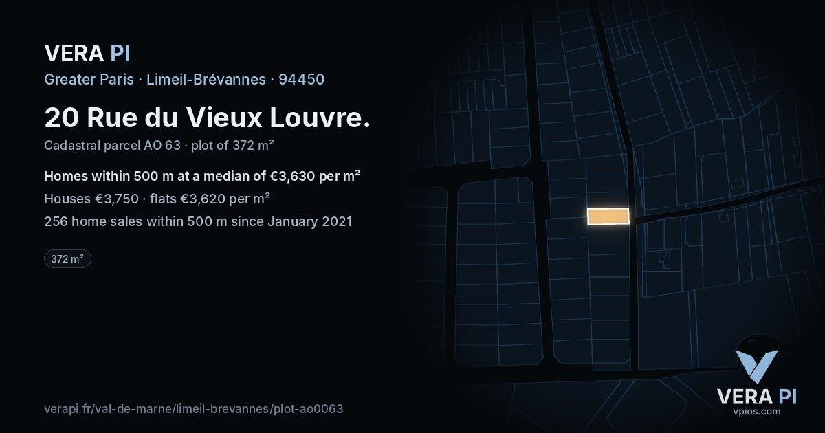 20 Rue du Vieux Louvre, Limeil-Brévannes at night – the plot lit, the parcels around coloured by the prices near them