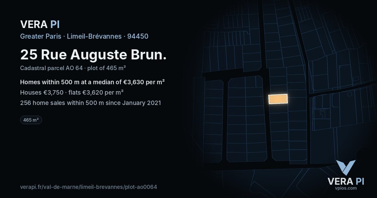 25 Rue Auguste Brun, Limeil-Brévannes at night – the plot lit, the parcels around coloured by the prices near them