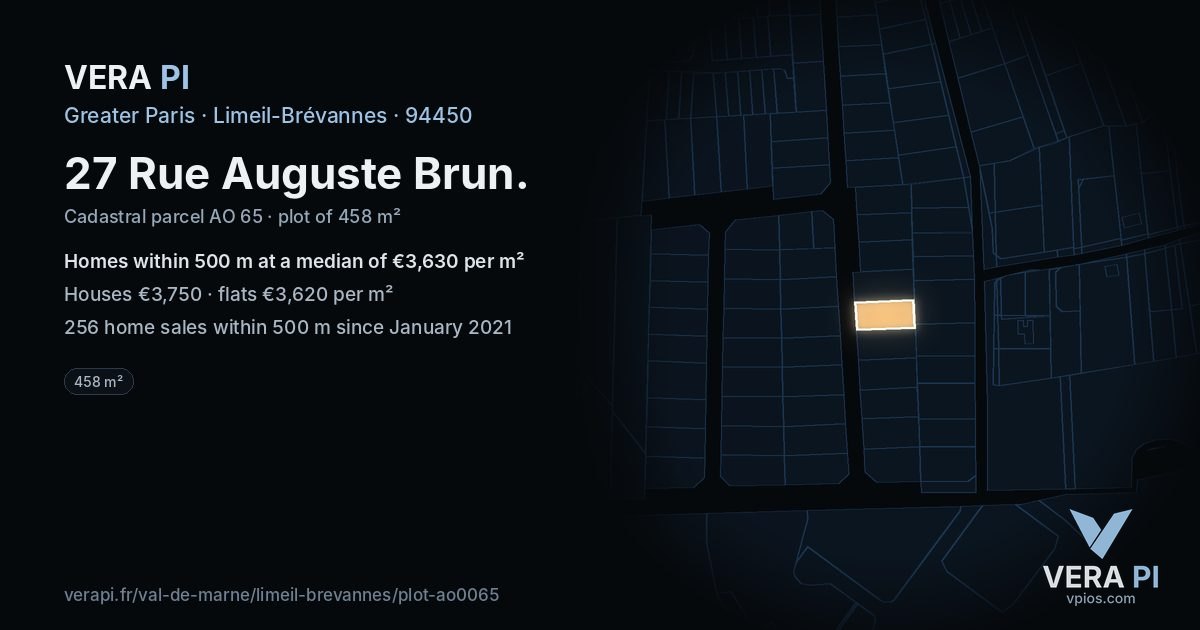 27 Rue Auguste Brun, Limeil-Brévannes at night – the plot lit, the parcels around coloured by the prices near them