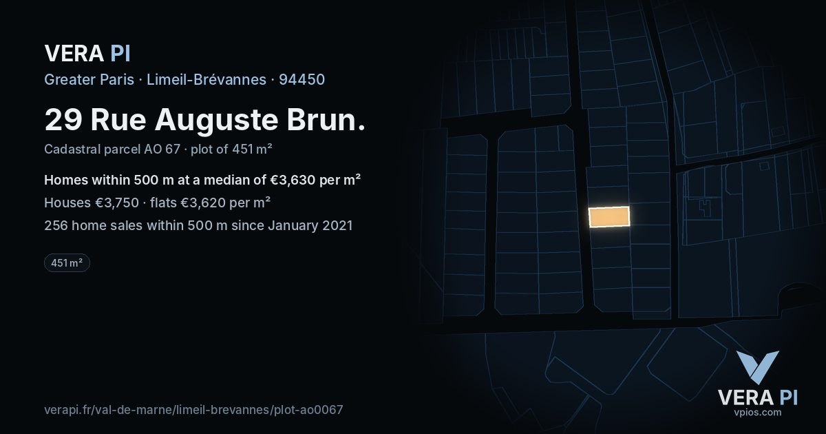 29 Rue Auguste Brun, Limeil-Brévannes at night – the plot lit, the parcels around coloured by the prices near them