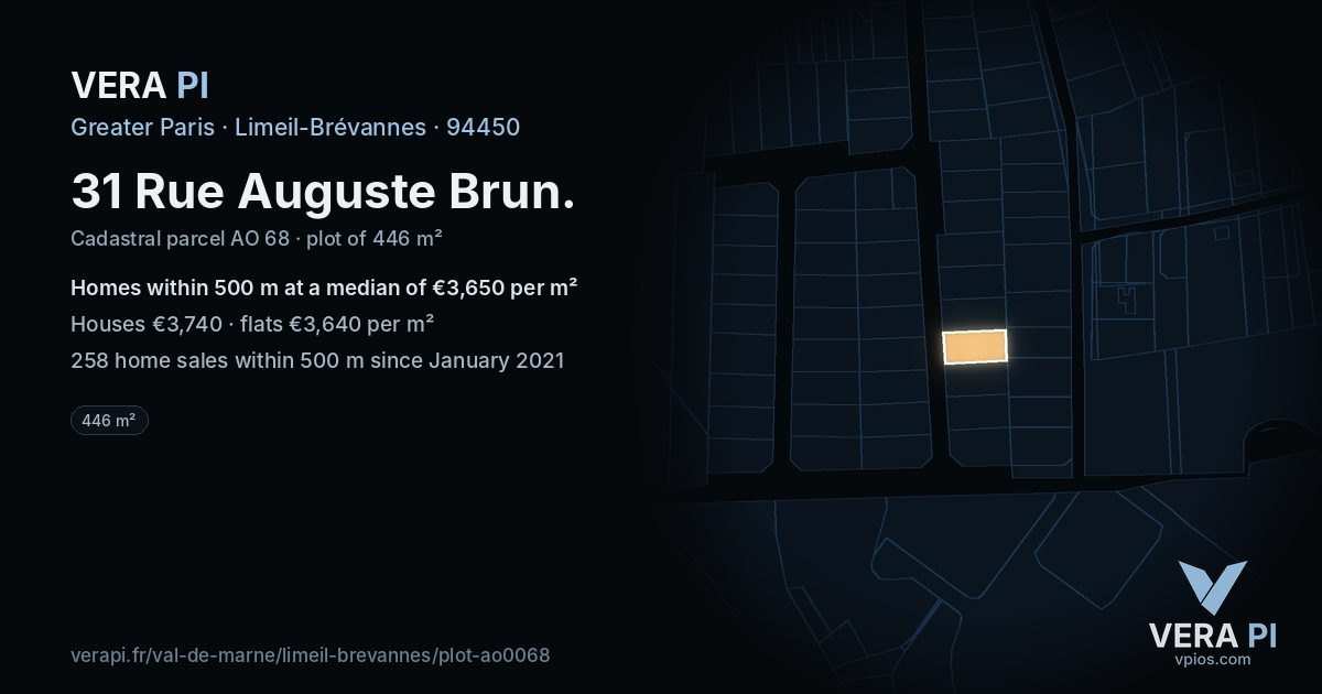 31 Rue Auguste Brun, Limeil-Brévannes at night – the plot lit, the parcels around coloured by the prices near them