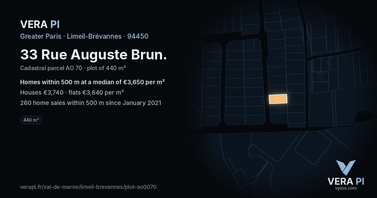 33 Rue Auguste Brun, Limeil-Brévannes at night – the plot lit, the parcels around coloured by the prices near them