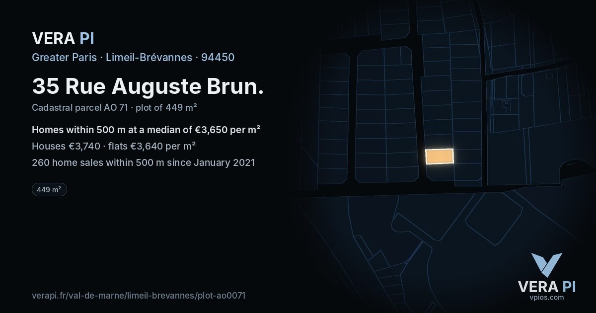 35 Rue Auguste Brun, Limeil-Brévannes at night – the plot lit, the parcels around coloured by the prices near them