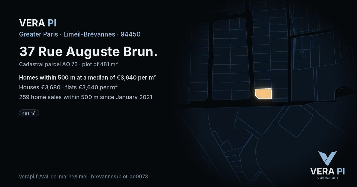 37 Rue Auguste Brun, Limeil-Brévannes at night – the plot lit, the parcels around coloured by the prices near them