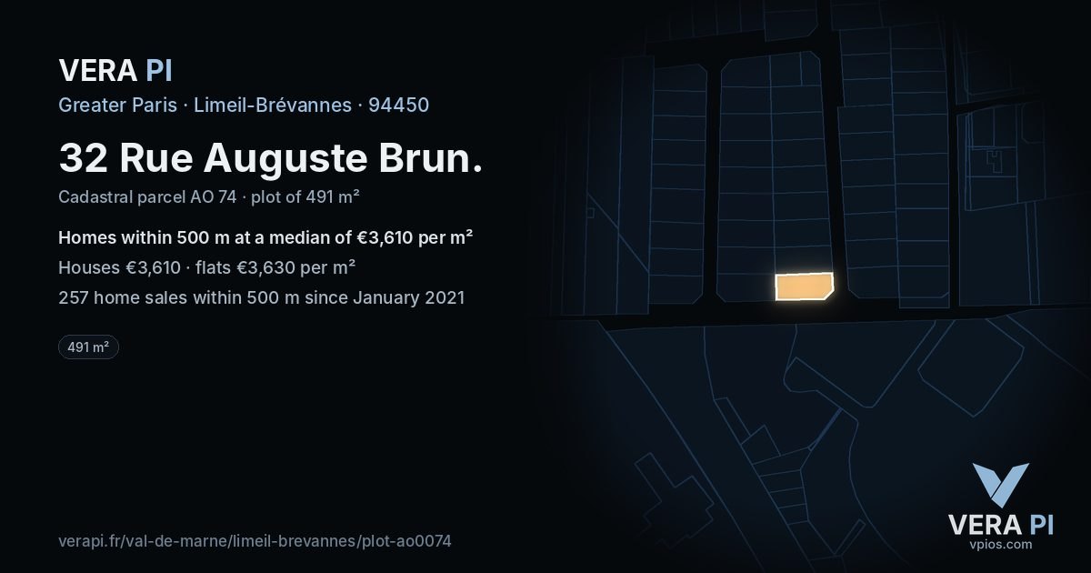 32 Rue Auguste Brun, Limeil-Brévannes at night – the plot lit, the parcels around coloured by the prices near them