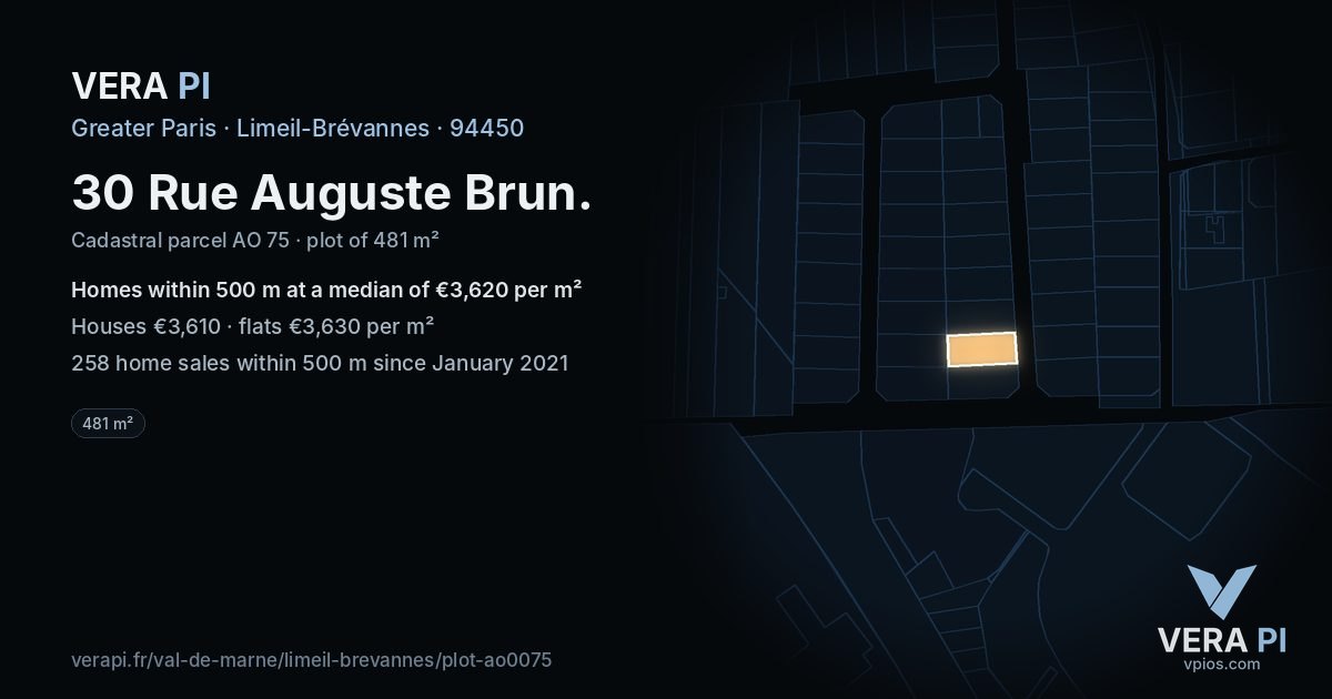 30 Rue Auguste Brun, Limeil-Brévannes at night – the plot lit, the parcels around coloured by the prices near them