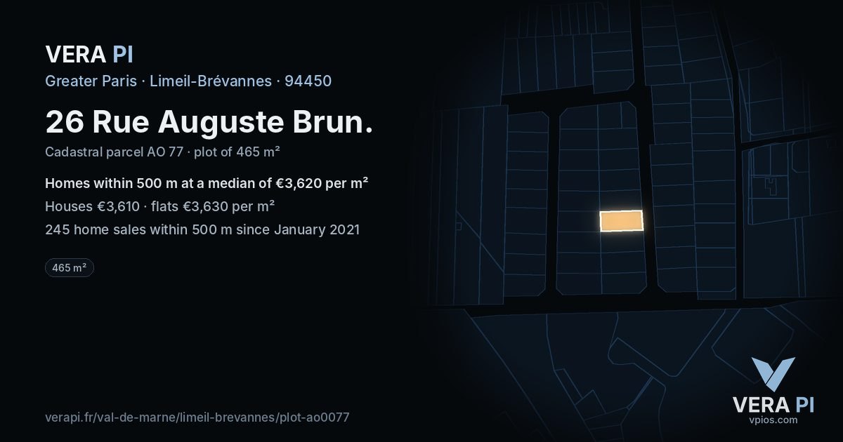 26 Rue Auguste Brun, Limeil-Brévannes at night – the plot lit, the parcels around coloured by the prices near them