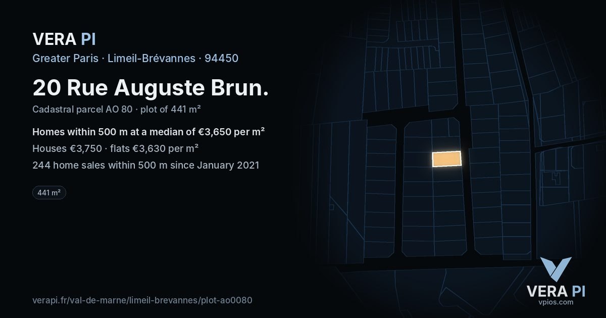 20 Rue Auguste Brun, Limeil-Brévannes at night – the plot lit, the parcels around coloured by the prices near them