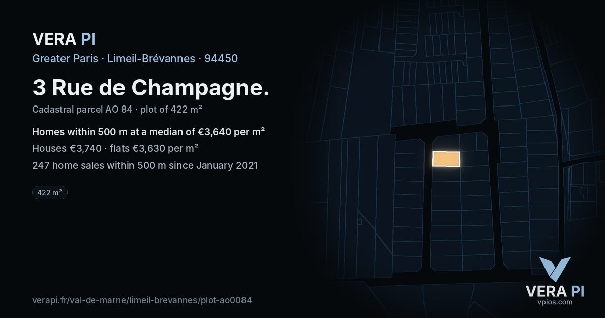 3 Rue de Champagne, Limeil-Brévannes at night – the plot lit, the parcels around coloured by the prices near them