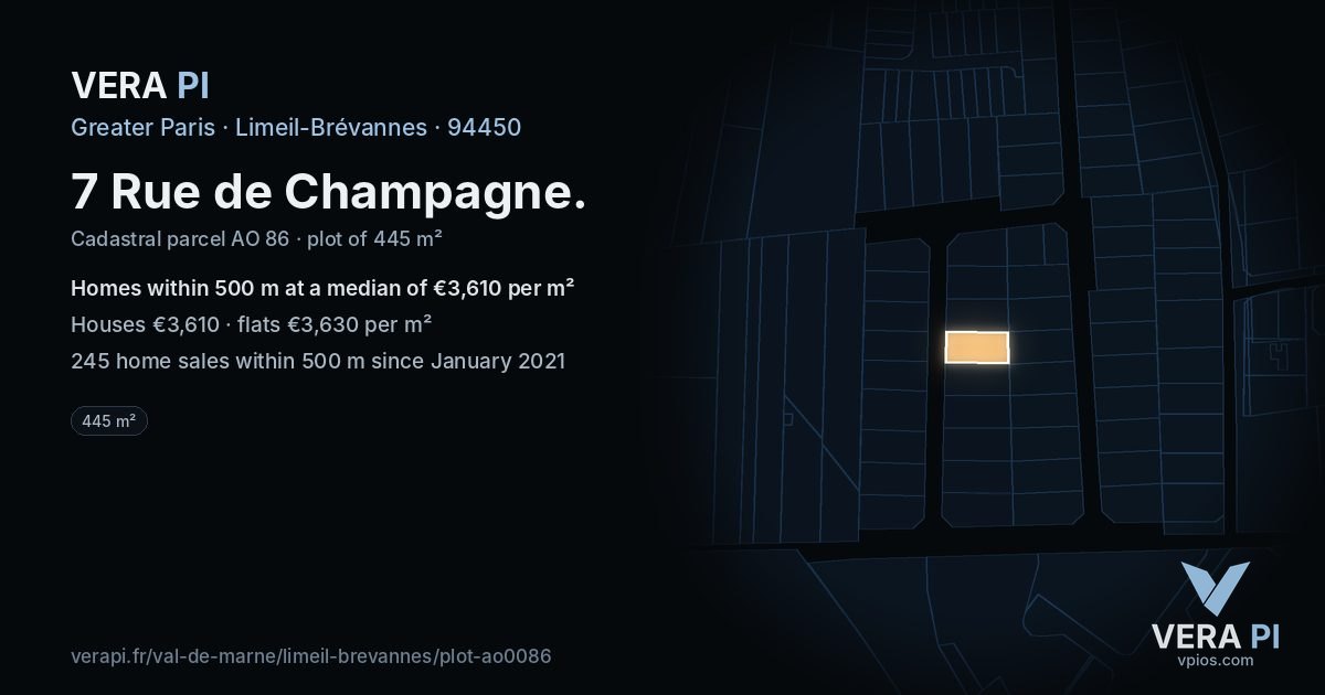 7 Rue de Champagne, Limeil-Brévannes at night – the plot lit, the parcels around coloured by the prices near them