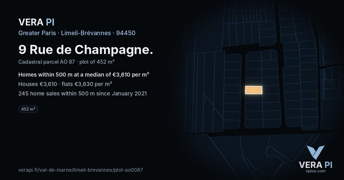 9 Rue de Champagne, Limeil-Brévannes at night – the plot lit, the parcels around coloured by the prices near them