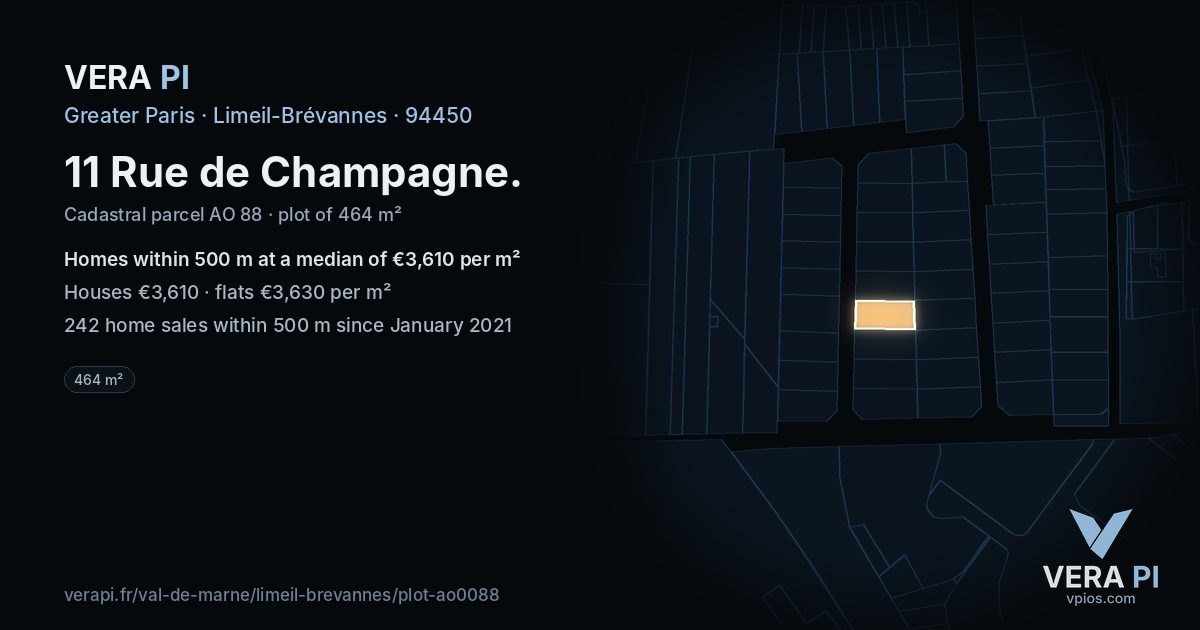 11 Rue de Champagne, Limeil-Brévannes at night – the plot lit, the parcels around coloured by the prices near them