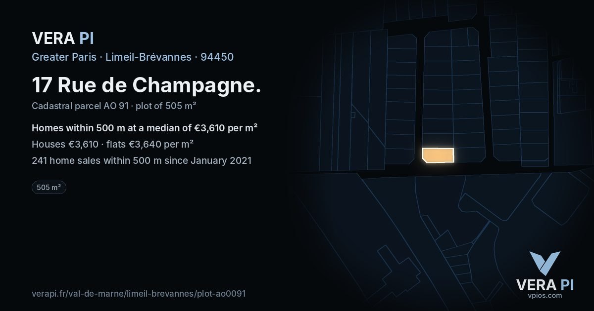 17 Rue de Champagne, Limeil-Brévannes at night – the plot lit, the parcels around coloured by the prices near them