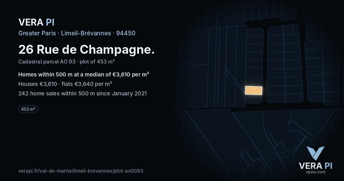 26 Rue de Champagne, Limeil-Brévannes at night – the plot lit, the parcels around coloured by the prices near them