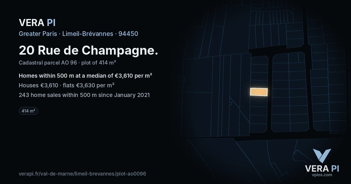 20 Rue de Champagne, Limeil-Brévannes at night – the plot lit, the parcels around coloured by the prices near them