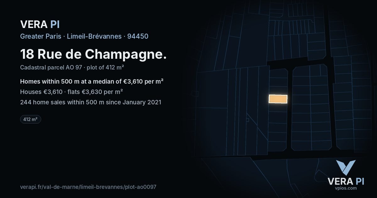 18 Rue de Champagne, Limeil-Brévannes at night – the plot lit, the parcels around coloured by the prices near them