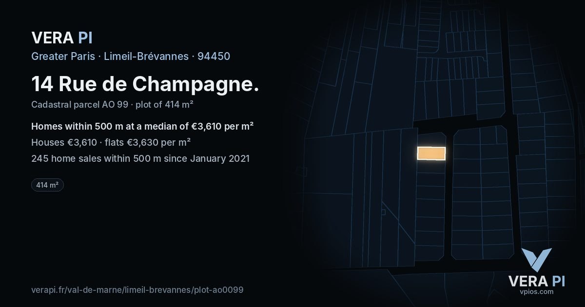 14 Rue de Champagne, Limeil-Brévannes at night – the plot lit, the parcels around coloured by the prices near them