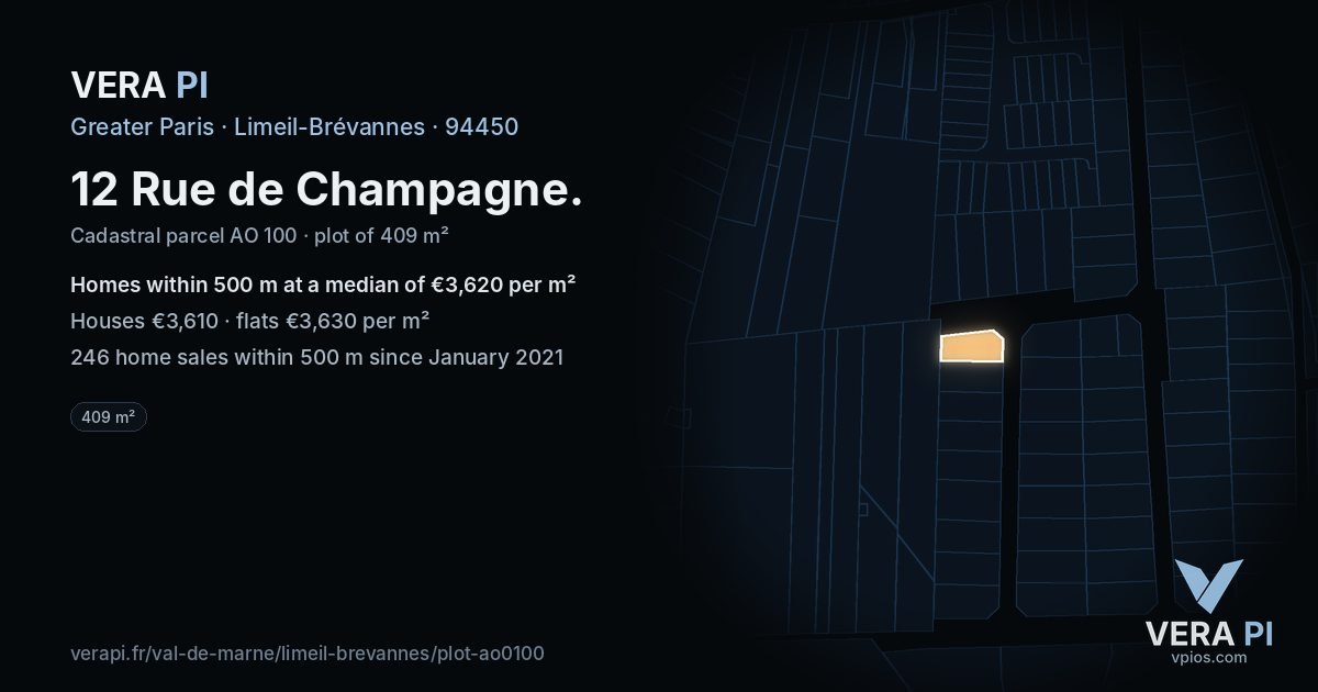 12 Rue de Champagne, Limeil-Brévannes at night – the plot lit, the parcels around coloured by the prices near them