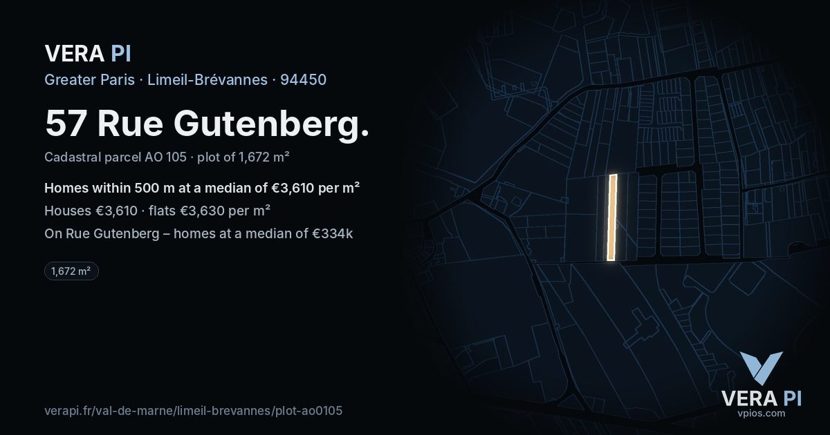 57 Rue Gutenberg, Limeil-Brévannes at night – the plot lit, the parcels around coloured by the prices near them