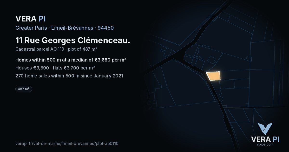 11 Rue Georges Clémenceau, Limeil-Brévannes at night – the plot lit, the parcels around coloured by the prices near them