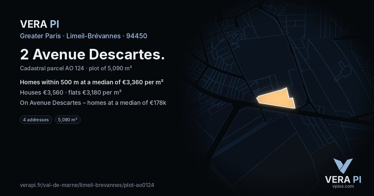 2 Avenue Descartes, Limeil-Brévannes at night – the plot lit, the parcels around coloured by the prices near them