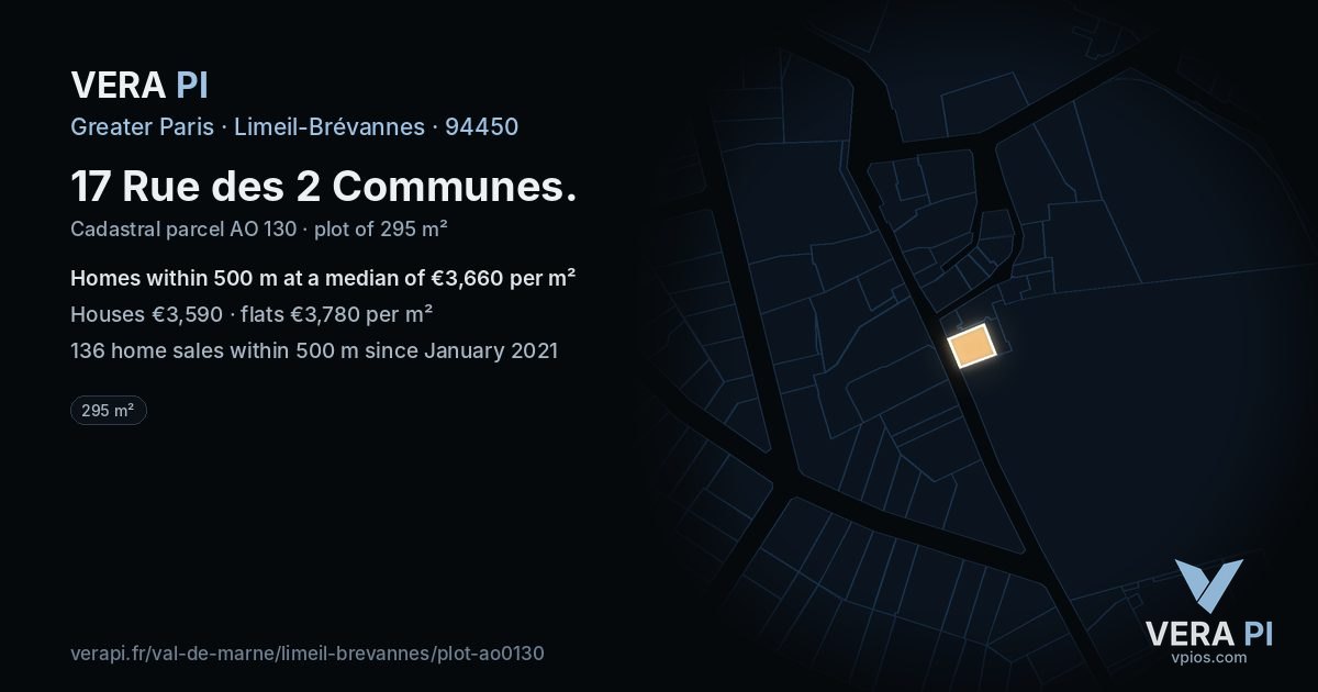 17 Rue des 2 Communes, Limeil-Brévannes at night – the plot lit, the parcels around coloured by the prices near them