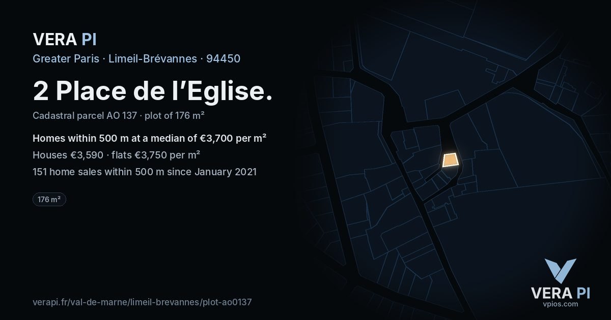 2 Place de l’Eglise, Limeil-Brévannes at night – the plot lit, the parcels around coloured by the prices near them